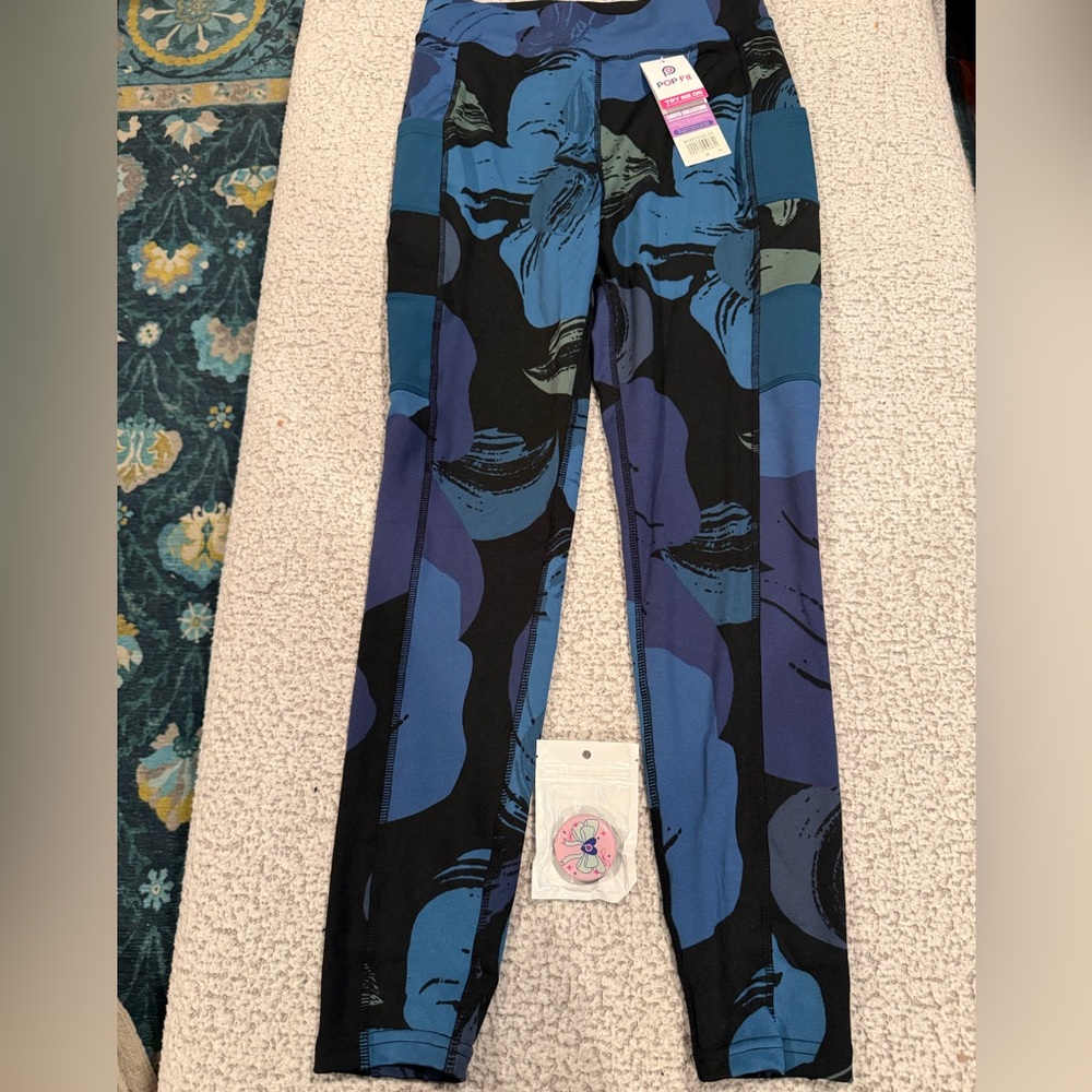 POP Fit Blue Floral Leggings Size M NWT High Waist Pocket Leggings + Phone Pop